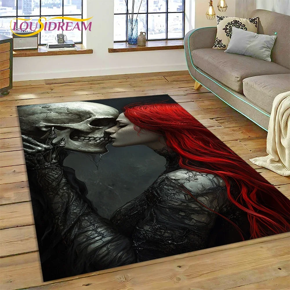 سجادة منطقة تصميم جمجمة الرعب القوطية - سجادة مطبوعة مخيفة لغرفة النوم وغرفة المعيشة |   ديكور الأريكة، سجادة أرضية احتفالية