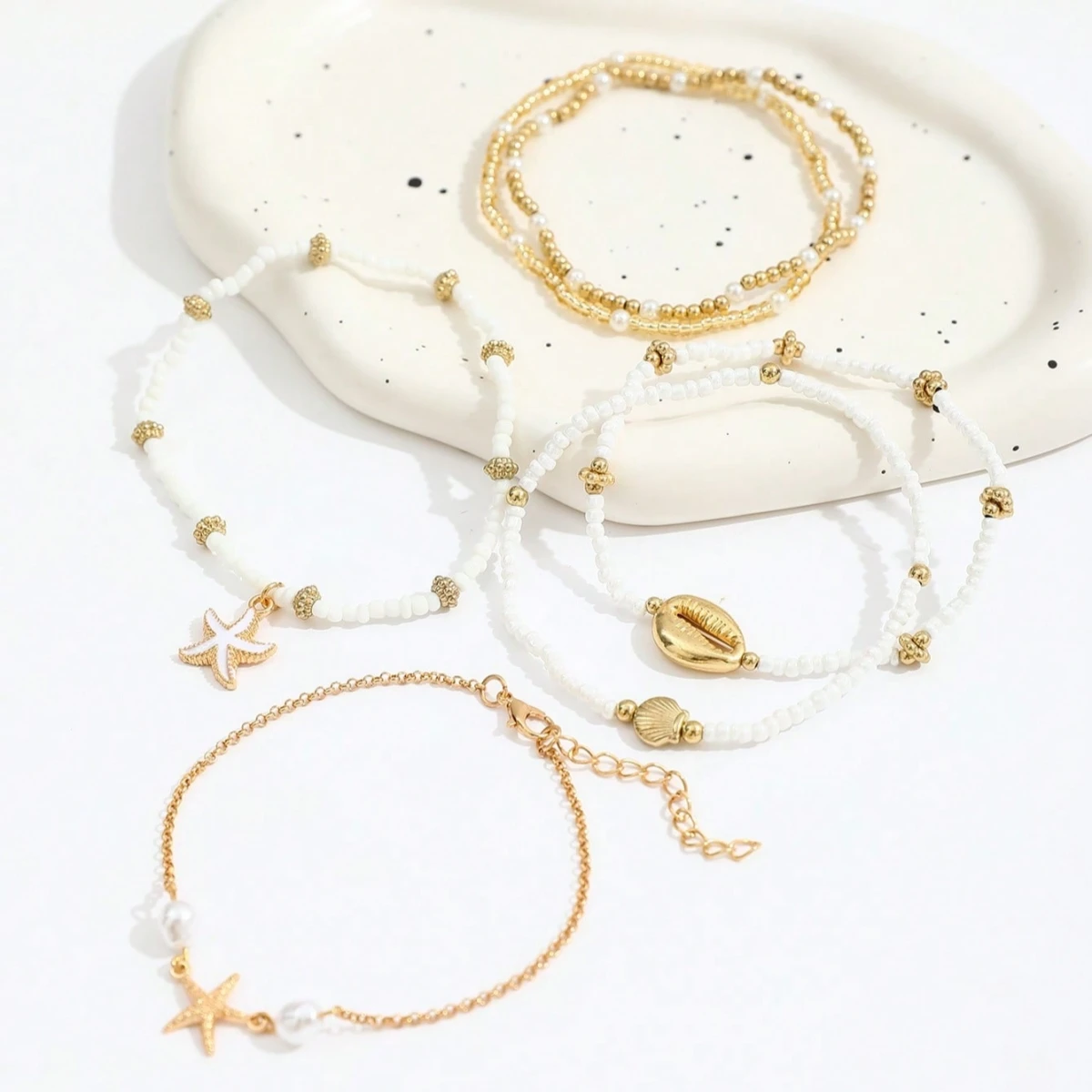 6pcs/set Fashion Stackable Starfish Shell Pendant Beads Anklets Set