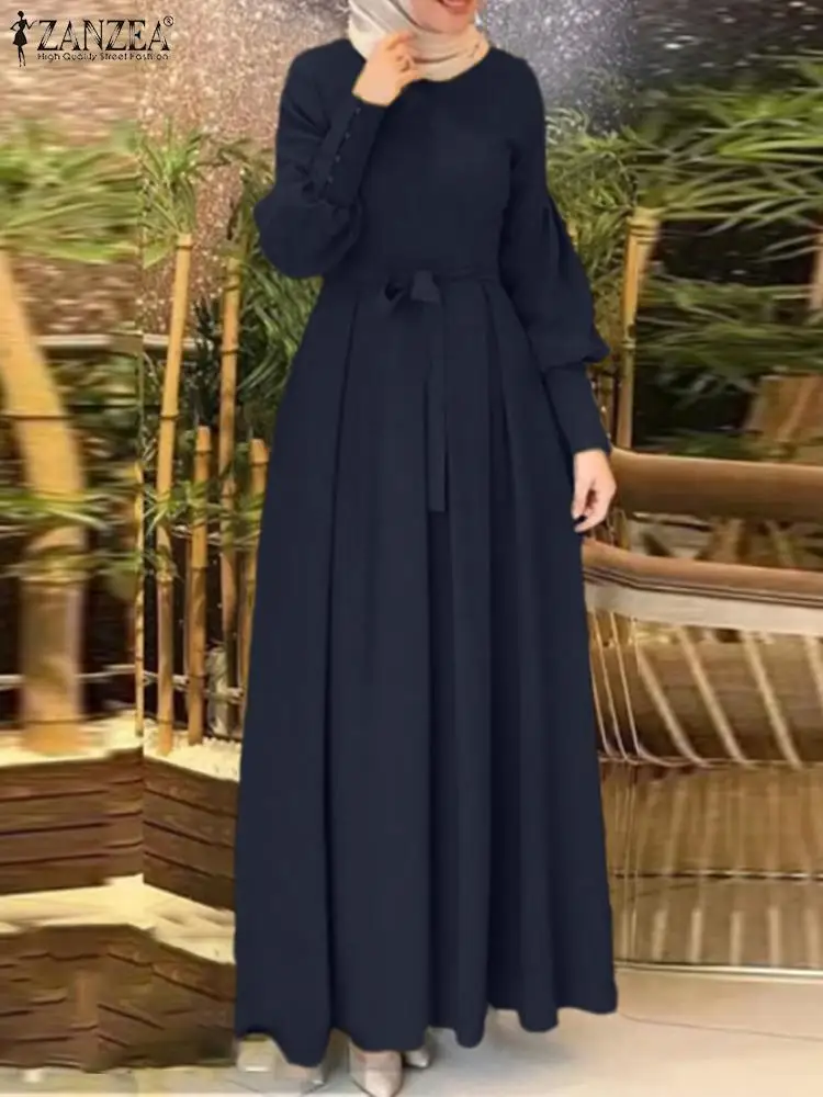 ZANZEA Women Autumn Sundress Muslim Hijab Dresses Turkey Abaya Dubai Robe Femme Elegant Long Sleeve Party Maxi Vestidos Kaftan