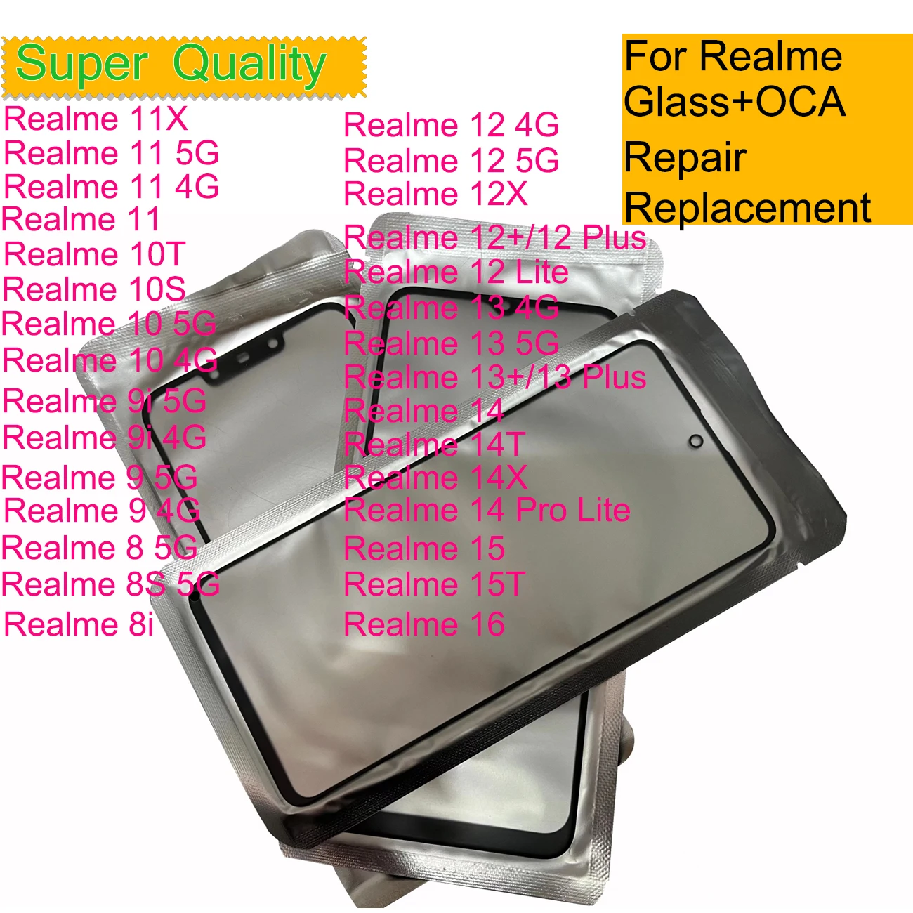 

10Pcs/Lot For Realme 16 15 15T 14 Pro Lite 14X 13 12 Plus 11 11X 10 9 9i 8i 4G 5G Touch Screen Front Outer Glass Panel With OCA