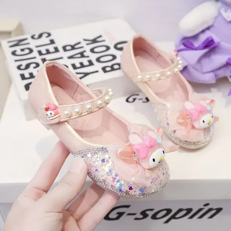 

Girly Heart My Melody Anime Kawaii MINISO Children Princess Shoes Spring Autumn Soft Soles Rhinester Bow Sweet Shoes Gifts Toys