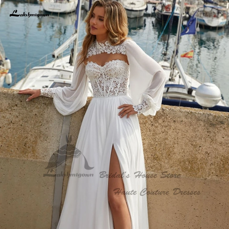 Lakshmigown Civil Boho Chiffon Wedding Dresses Detachable Bolero 2024 Sexy Lace Long Sleeve Beach Bride Gowns Customized