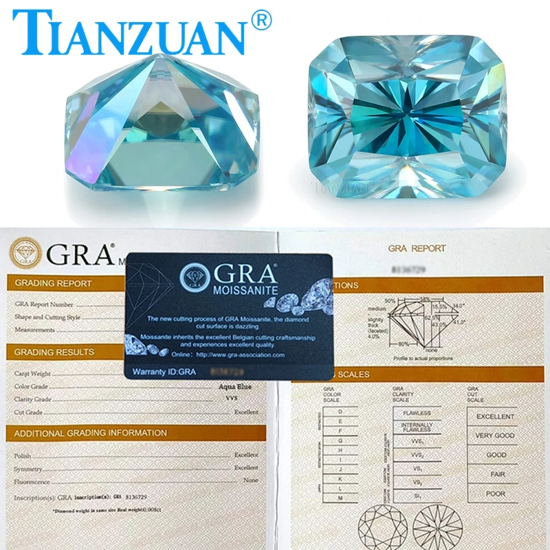 1-3ct Aqua Blue Color Radiant Shape Moissanite Diamond Cut Loose Gems Stone For Jewelry Making