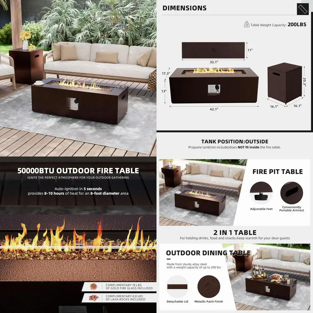 

Rectangle Outdoor Propane Gas Fire Pit Table with Hidden Tank, 42-inch, 50,000 BTU, Ideal for Patio and Backyard Entertainment