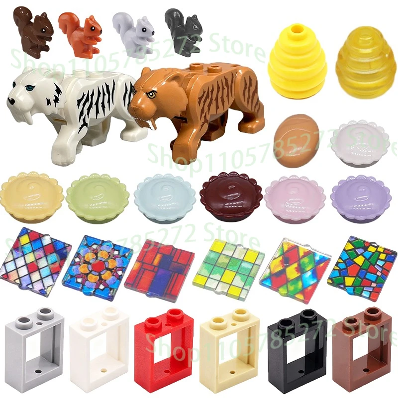 City MOC Accessories Building Blocks Animals Set Squirrel Tiger Colorful Window Frames Pie Food Parts Bricks Toys Gifts for Kids