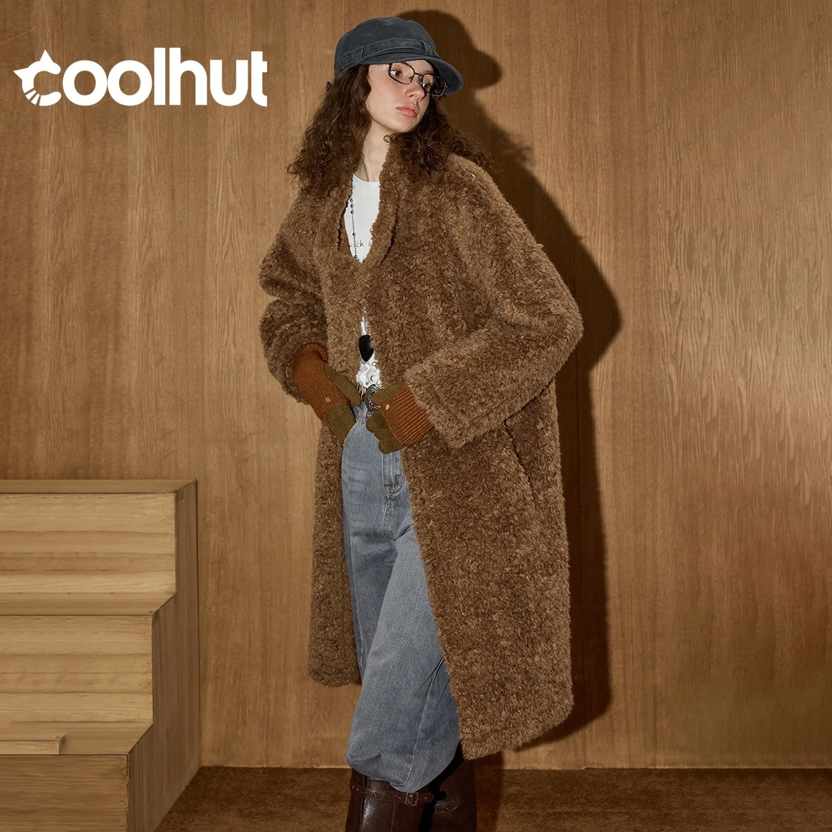 معطف COOLHUT Maillard ذو وجهين من الفرو الصناعي معطف شتوي كبير الحجم متوسط الطول معطف تبديل ثنائي الارتداء ملابس خارجية فاخرة ذات لون محايد