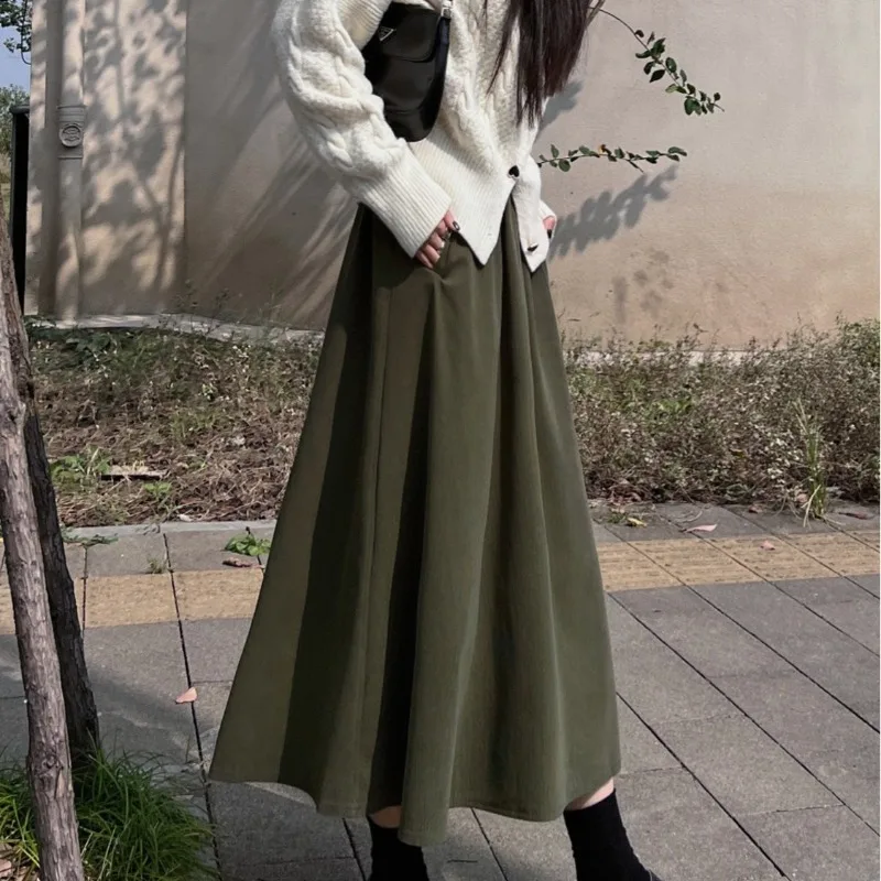 MiiiiX Retro Style Corduroy Long Skirt Women's Casual Clothes 2024 Autumn Soild Color Loose A-line Vintage Large Hem Midi Skirt