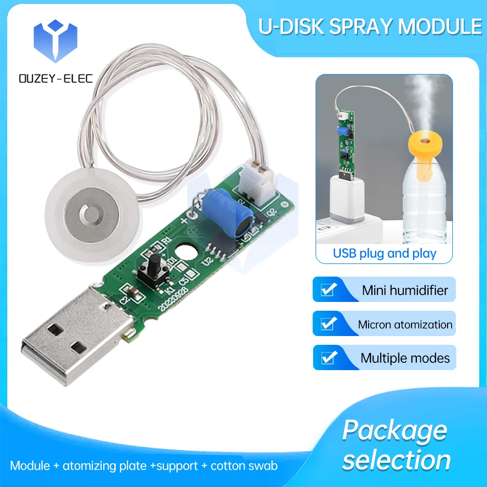 Ultrasonic Nebulizador Módulo Umidificador, DIY Acessórios, Pulverizador, 2 Modos, Interface USB ajustável, Luz indicadora, DC 5V