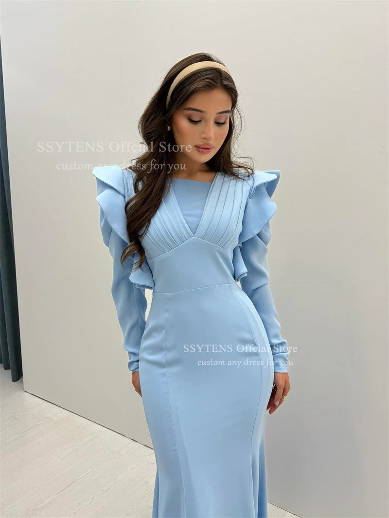 SSYTENS Elegant Blue Saudi Prom Dresses Stain Full Sleeve Formal Gown with Pleats Mermaid Evening Dresses for Woman Customized