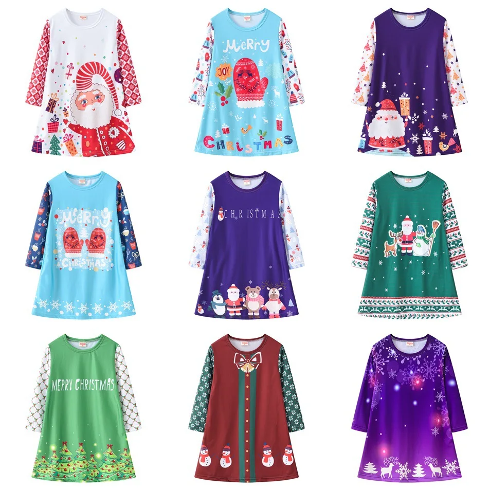 

Suitable for 1-10year old girls Christmas autumn cartoon girl cute round neck long sleeve dress multi-color printed A-line dress