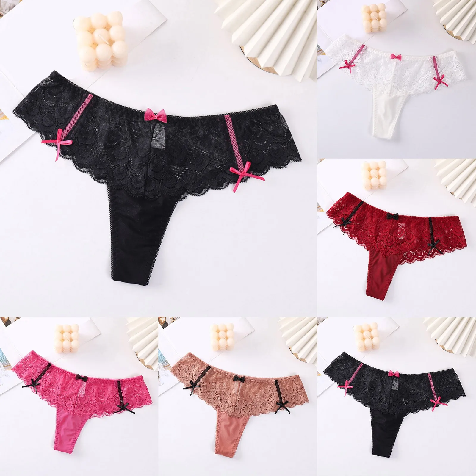 Women\'s Fashion Sexy Panties T Pants Lace Trim Bow Transparent Hollow Thong Panties plus Size Thongs