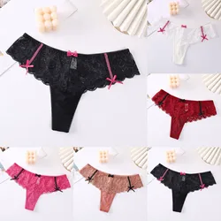 Women's Fashion Sexy Panties T Pants Lace Trim Bow Transparent Hollow Thong Panties plus Size Thongs