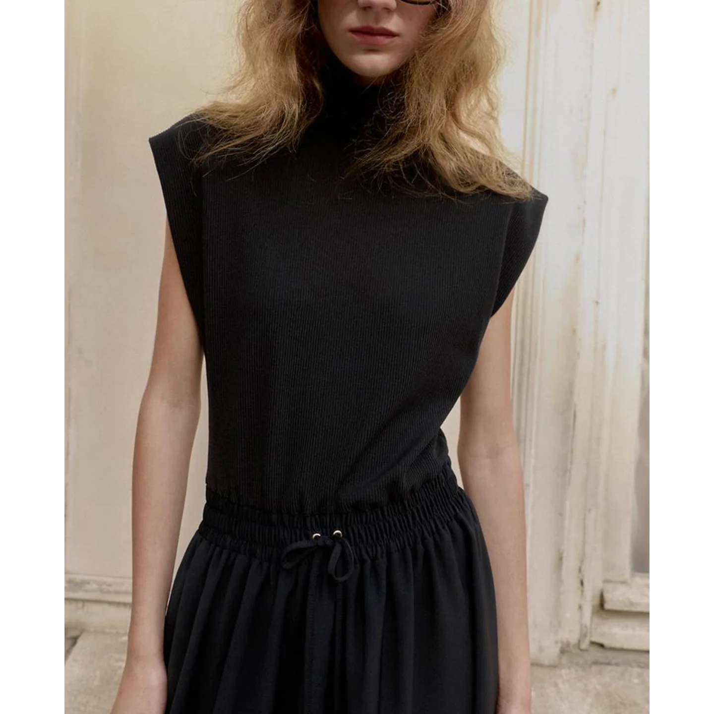 Autumn Winter New American Sle High Collar Svel  Knot Tie Splice Long Dr Ladies Casual Loose Fit A-Line S...