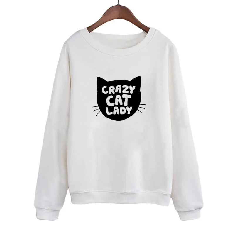 Women Black White Sweatshirt Casual Female Tracksuit Harajuku Pullover Letter Crazy Cat Lady Funny Crewneck Hoodies