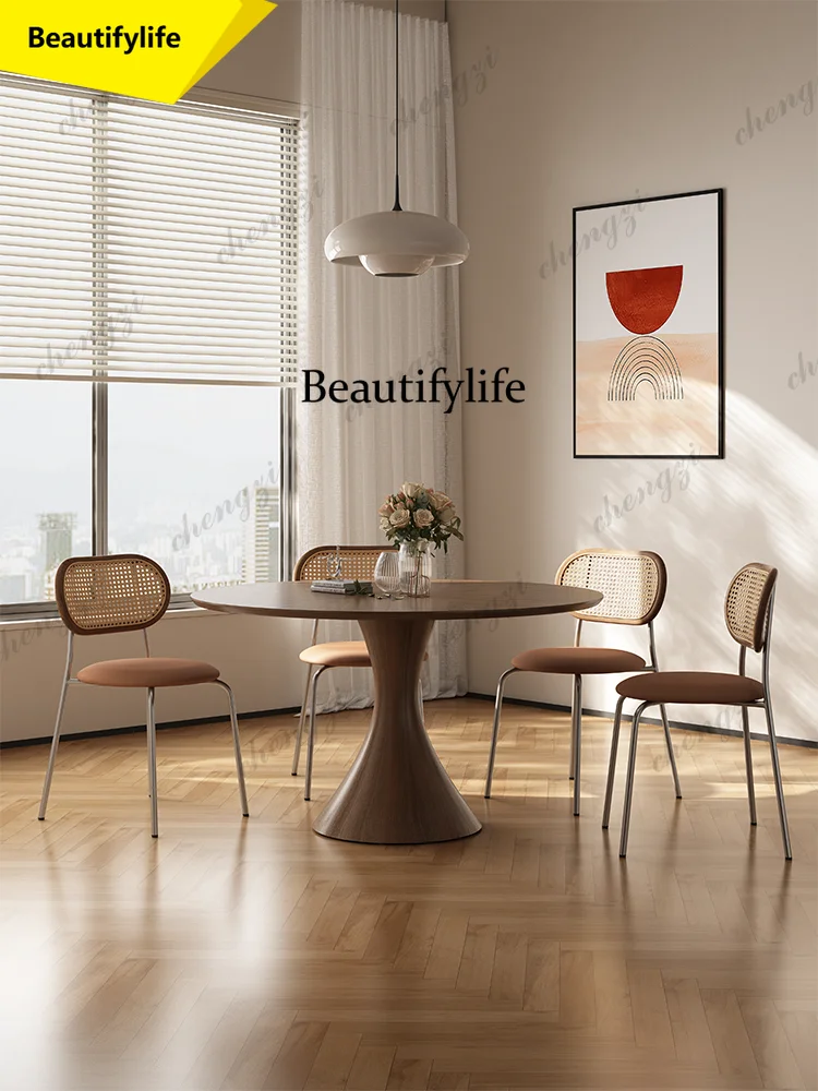 A17 French solid wood round dining table and chair combination walnut small apartment high-end round dining table
