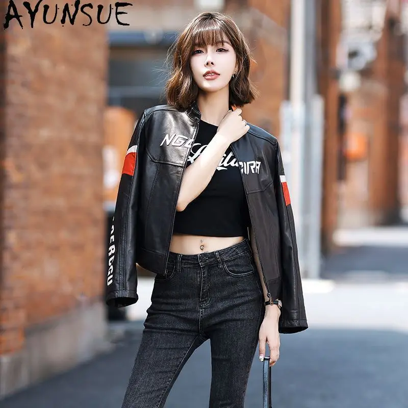 

AYUNSUE Real Leather Jacket Woman Spring Autumn Clothes 100% Sheepskin Motocycle Coat Women Stand Collar Slim Fit Jaqueta Couro
