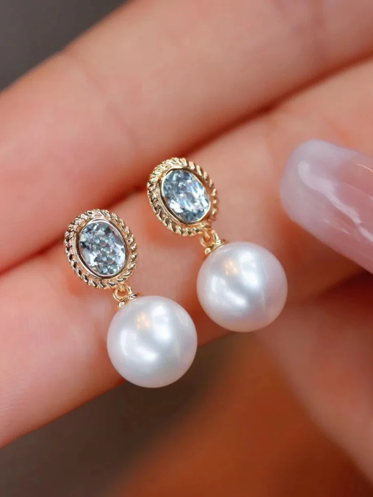 

S925 Sterling Silver Women's Stud Earrings Aqua Blue Zircon Pearl Stud Earring Jewellery for Women Daily Wear Holiday Party Gift