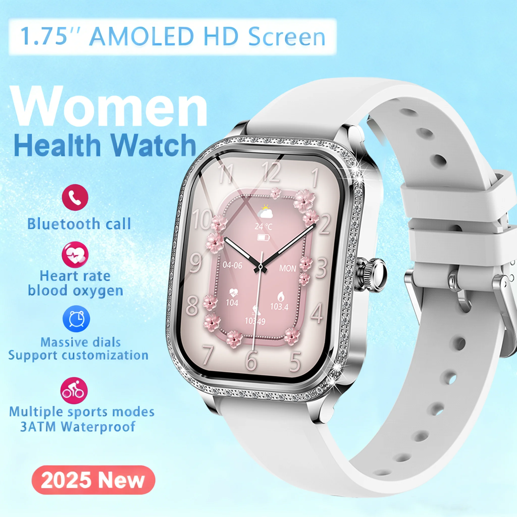 

2025 New Lady Fashion Smart Watch Women 1.75' AMOLED HD Screen Heart Rate Bluetooth Call Waterproof Sports SmartWatch Woman Gift