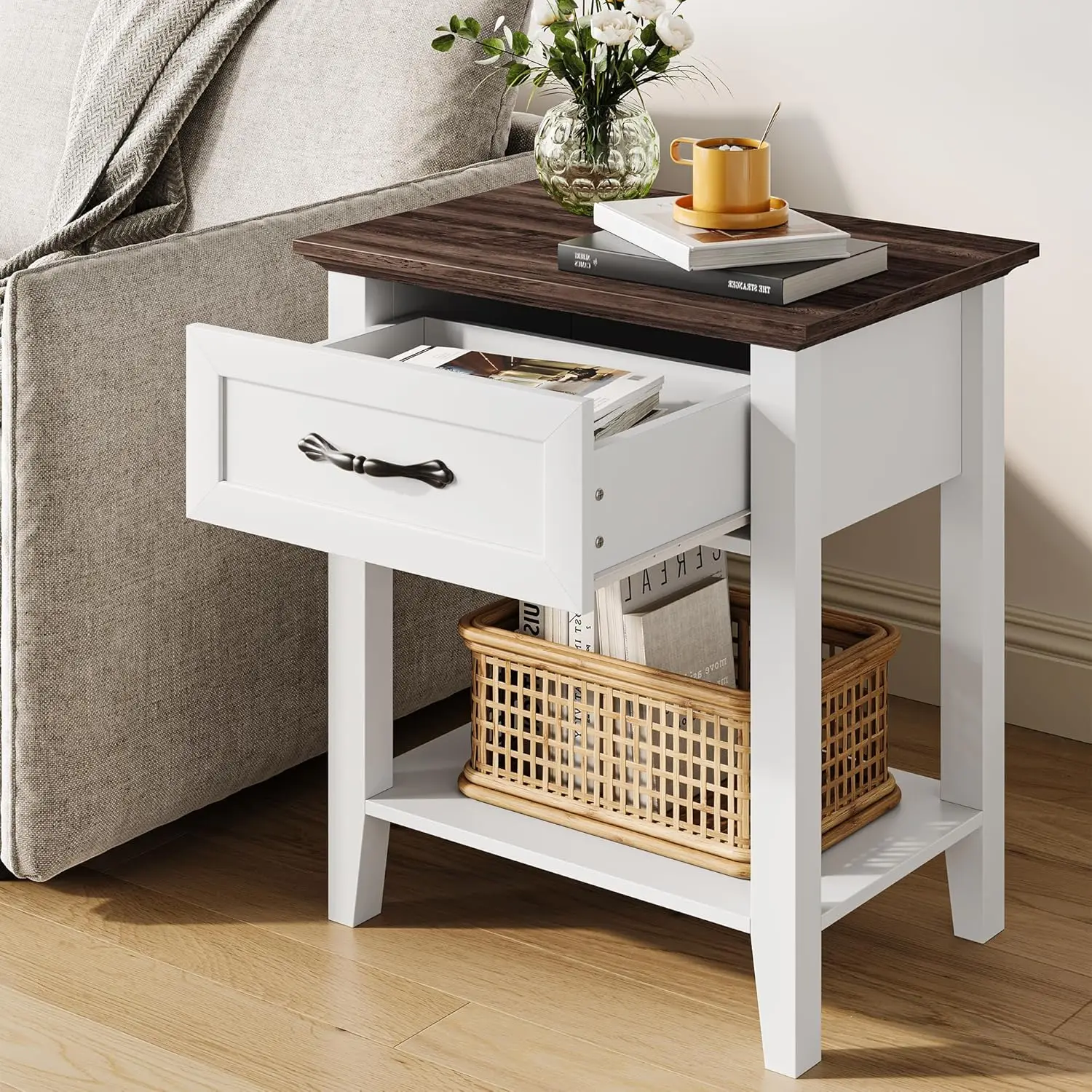 Nightstands Set Of 2, End Table With Drawer, Side Table For Spaces, 2 Tiers Storage Shelves With Dresser, Bedside Table For