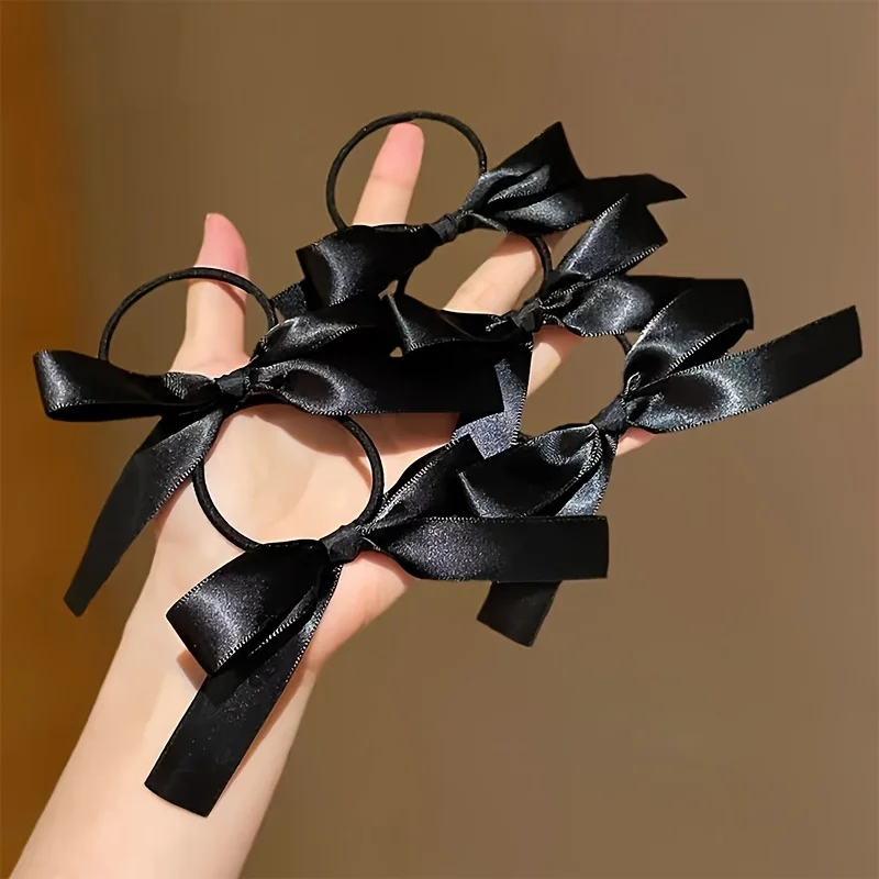 10pcs Black White Bow Hair Ties, Satin Ribbon Hair Elastics, Daily Use, Trendy Ponytail Holders, Hair Accessories for Women