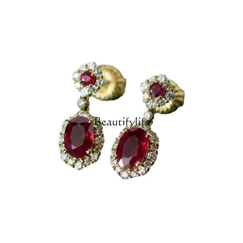 

Korean light luxury ruby earrings female pigeon blood red exquisite red diamond colored treasure medieval earrings