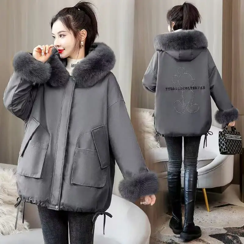 2025 New Winter Korean Version Plush Padded Warm-keeping Tooling Design Feels Fur Collar Cotton-padded Jacket Coat Female Tide