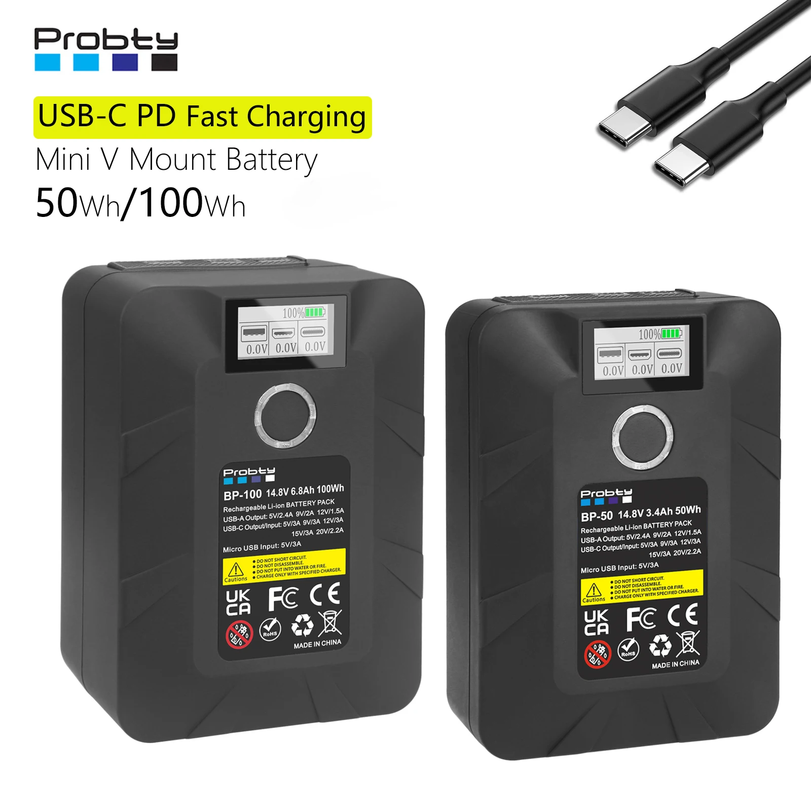 Mini V Mount Battery 14.8V 50Wh/100Wh PD Fast Charging with D-TAP USB-C USB-A For Sony FX3 BMPCC 4K 6K Pro, ZCAM, Canon EOS R5C