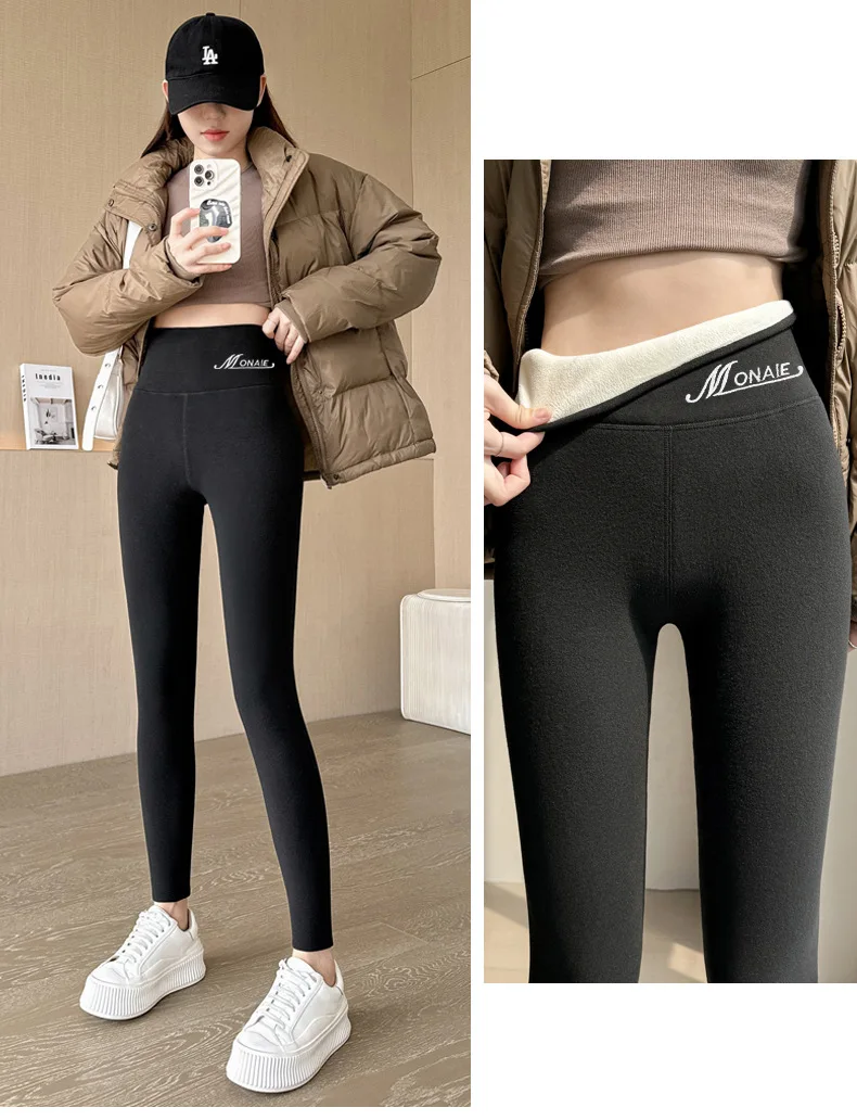 Winter-Kaschmir-Leggings für Damen, solide warme Leggings, hohe Taille, schlanke, dehnbare Hose, große Größe, Hinzufügen von Samt und Verdickungshosen – Detail 13