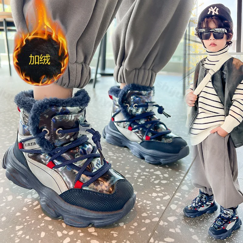 

Детские теплые хлопковые ботинки, зимняя обувь для детей, ботильоны с плюшевой подкладкой для девочек, повседневные непромокаемые уличные кроссовки для мальчиков