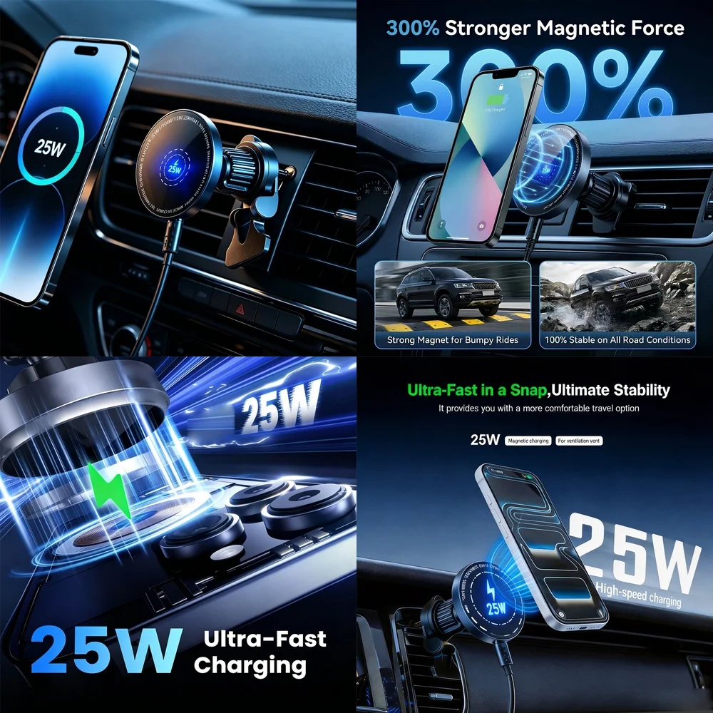 UYUXIO 25W Super Fast Magnetic Wireless Car Charger Air Vent Phone Holder Stand for iPhone 17 16 15 14 13 12 Series Pro Max
