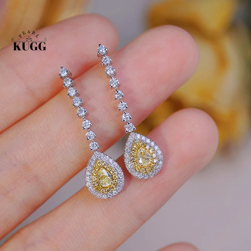 KUGG 100% 18K White Gold Earrings Elegant Shiny Style Real Natural Yellow Diamond Drop Earrings for Women High Wedding Jewelry