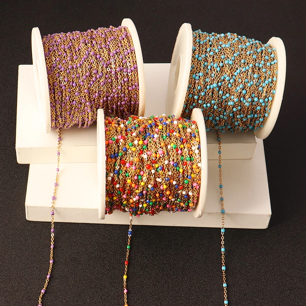 1Meters Stainless Steel Beads Chain Gold Bohe Colorful Chain Enamel Satellite Cable Ball DIY Jewelry Making Bracelet Necklace