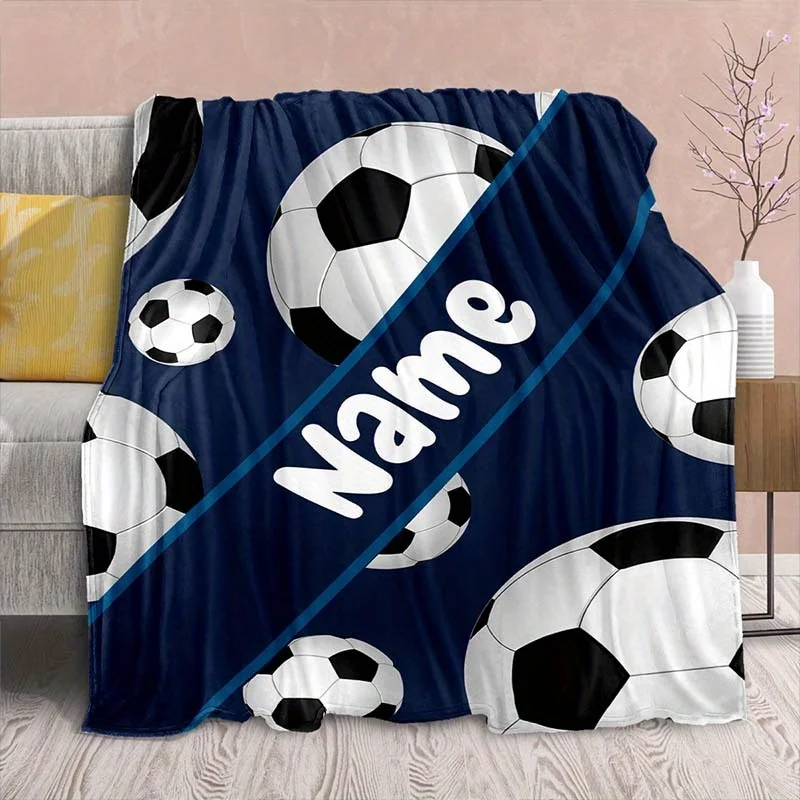 Customized Soccer Ball Goal Name Flannel Throw Blanket - Contemporary Style, Digital Print Ideal for Friends and Family Gift