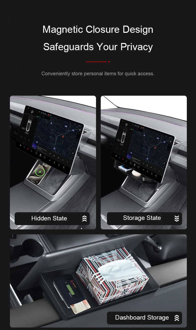 Kotak Penyimpanan Tersembunyi di Bawah Layar Mobil Tesla Model Y Juniper 2025, Kotak Penyimpanan Lipat Model 3 Highland, Kotak Penyimpanan Dashboard