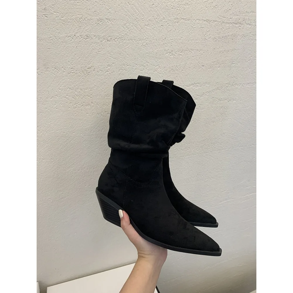 

Осенние дизайнерские лаконичные плиссированные женские ботильоны на квадратном низком каблуке, вечерние женские туфли, женские ботинки Zapatos De Mujer