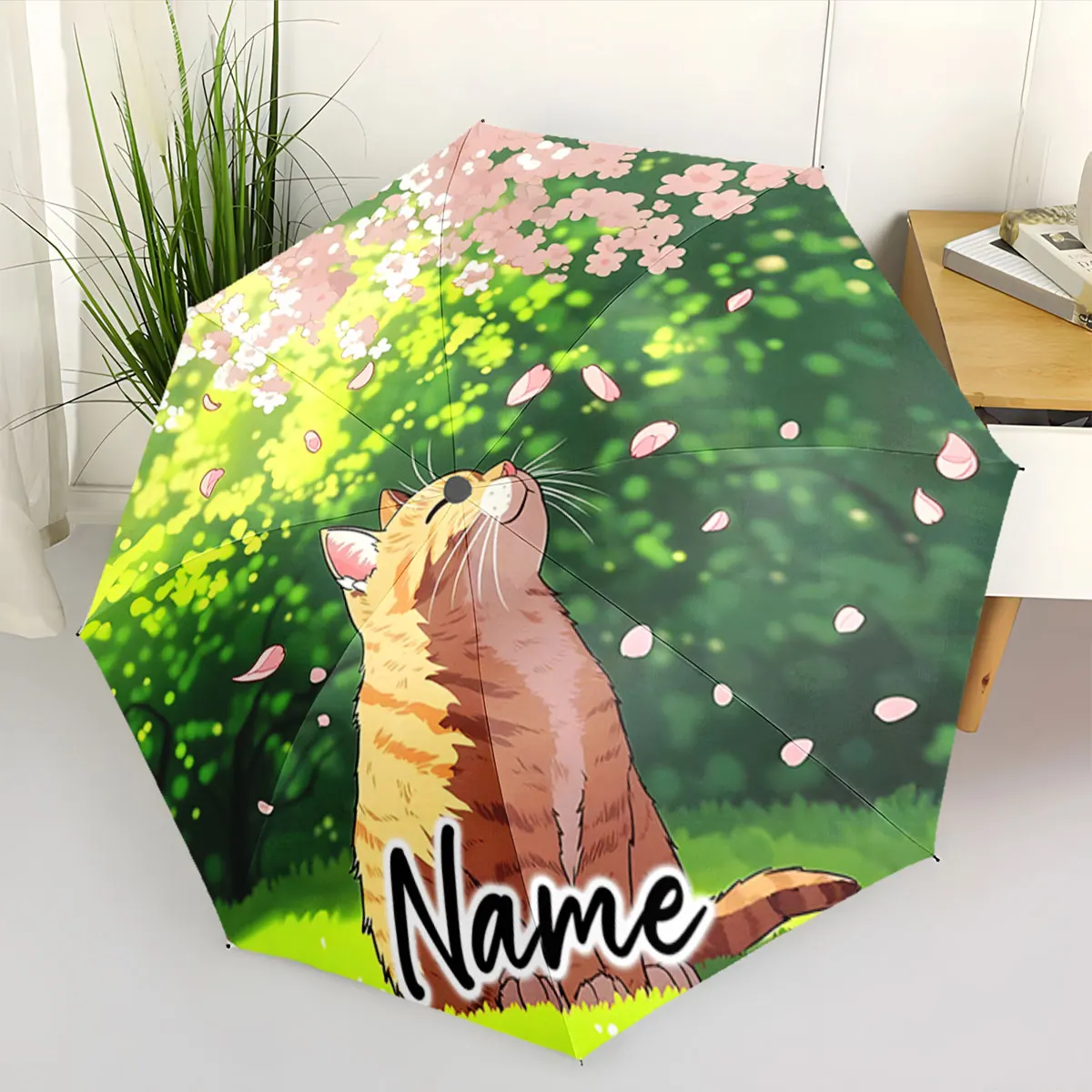 Custom Name Whimsical Cat Among Falling Petals Umbrella Design Print 8 Iron Ribs Folding Umbrella Auto-Open Fashion Sunshade