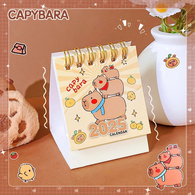 1pc 2025 Cute Capybara Random Mini Compact Calendar Creative Home Desktop Ornament Coil Monthly Calendar Portable Plan Book Gift