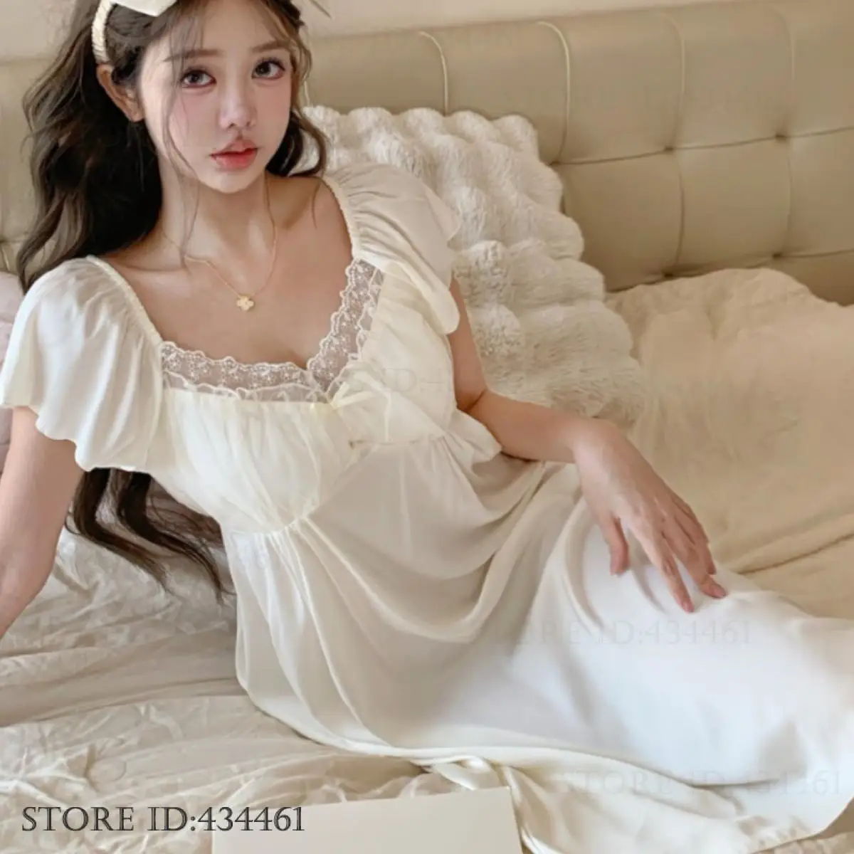 

Sweet French Women's Nightgown Home Dressing Gown Sexy Patchwork Lace Nightdress Loungewear Silky Satin Sleepwear Nightwear