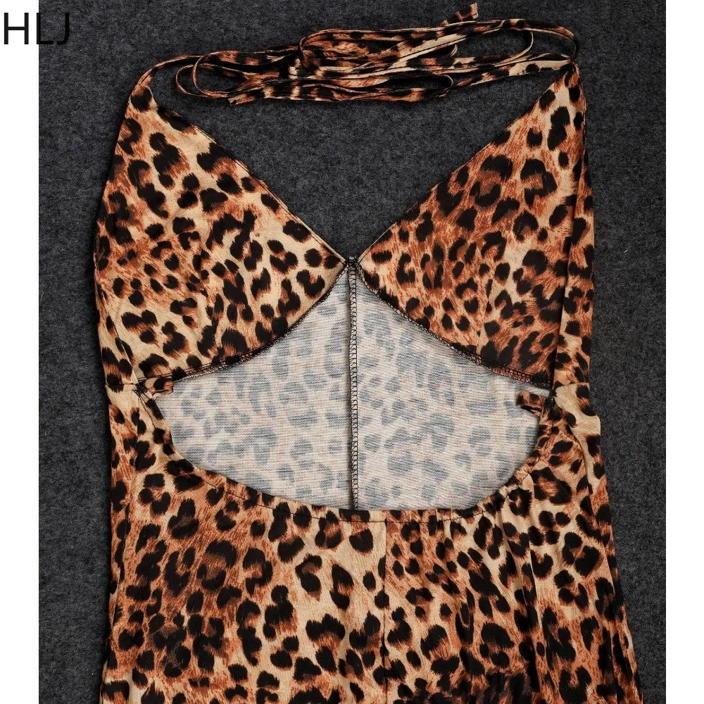 HLJ Sexy Leopard print Bodycon bretelle tute donna Deep V senza maniche Backless Lace Up Slim pagliaccetti femminili in generale 2024