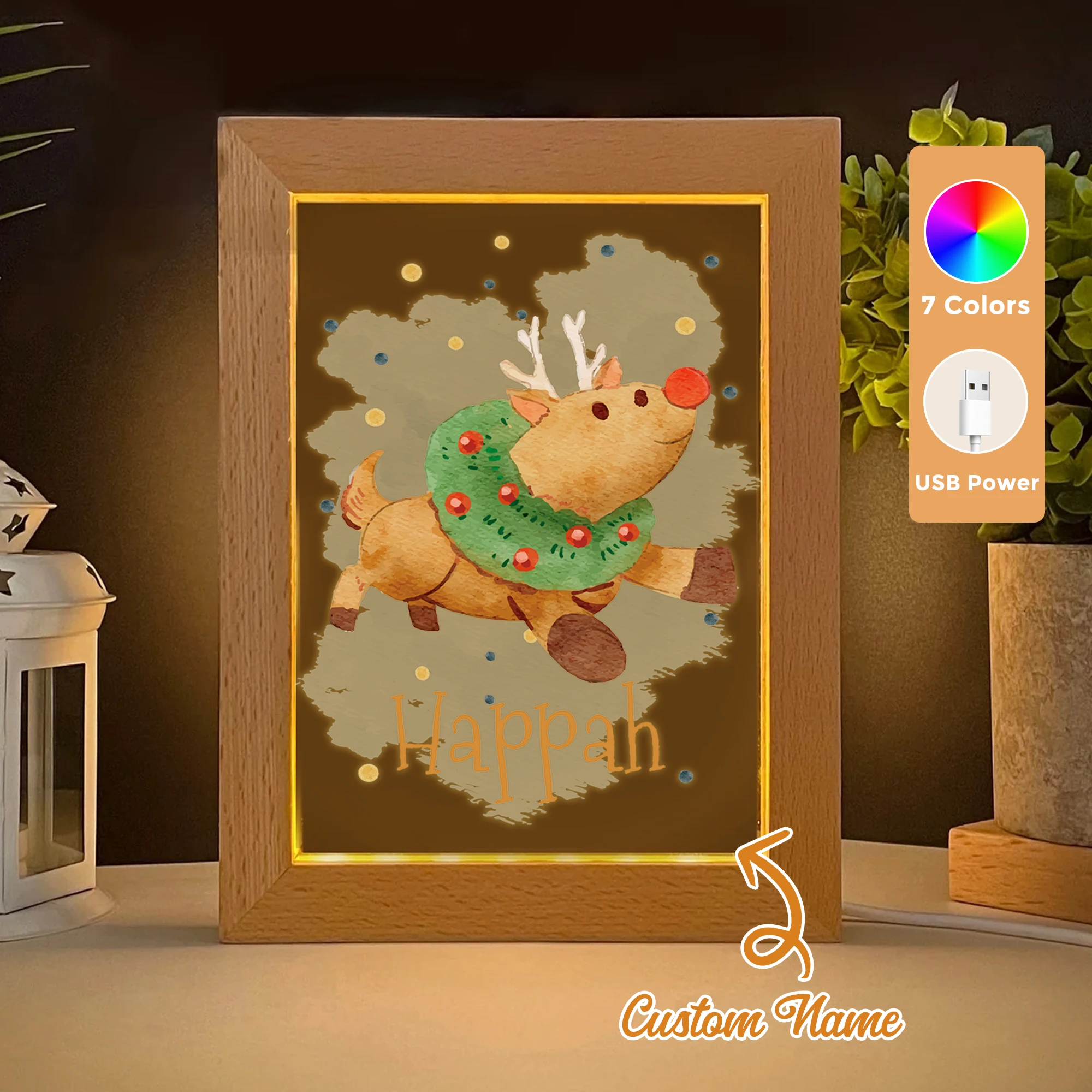 

Custom Name Christmas Elk LED Acrylic Night Light Wood Photo Frame 21x17cm Christmas Cartoon Children Bedroom Gifts Home Decor