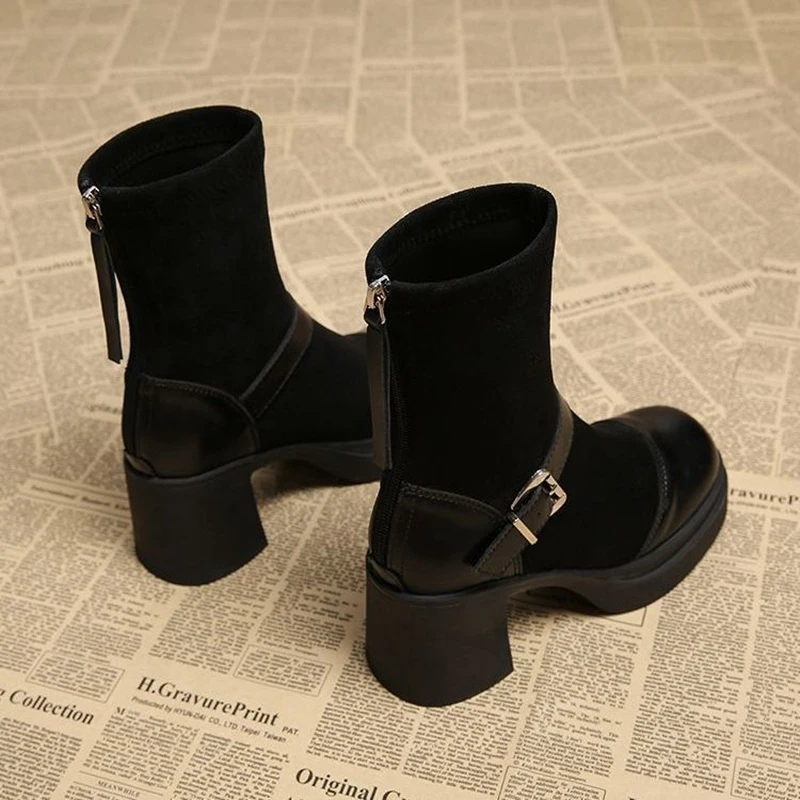 Women Platform Chunky High Heel Ankle Boots Round Toe Buckle Strap Suede Patchwork Stretch Sock Booties Back Zipper Shoes view 6