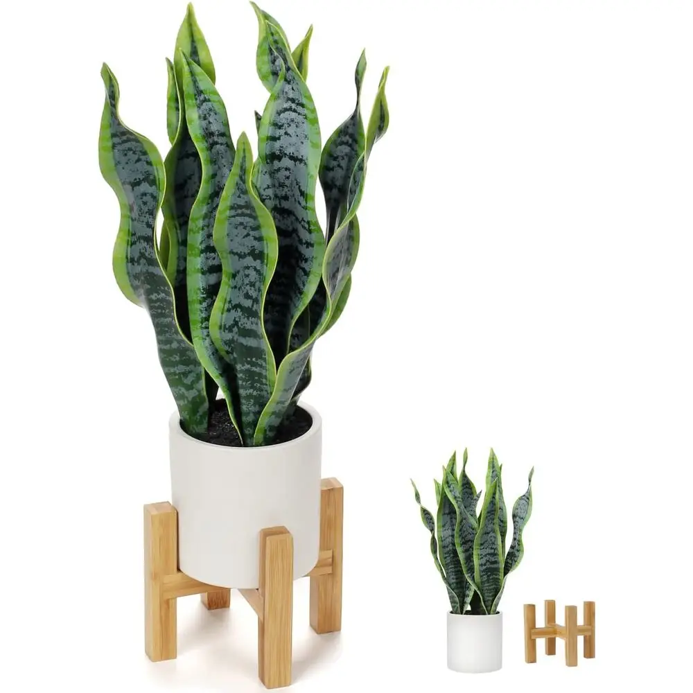 

Artificial Snake Plant Potted with Solid Wood Stand, 19 Faux Sansevieria Tropical White Ceramic Pots Fake Plants for Home Office
