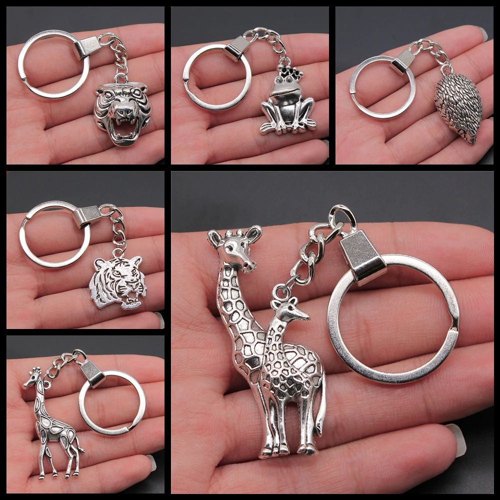 Animal Keyring Key Chain Vintage Antique Silver Color Metal Alloy Frog Tiger Fox Deer Pig Beer Hedgehog Souvenir Keychain Gift