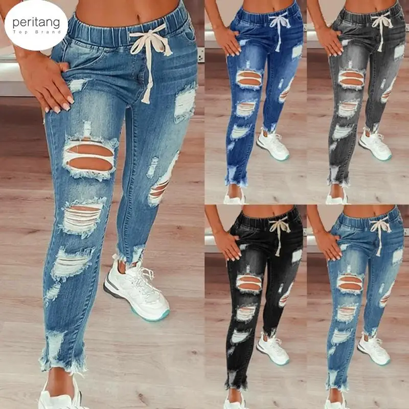 

Drawstring Denim Jeans For Women Ripped Hole Stretch Jean Ladies Full Length Pencil Pants