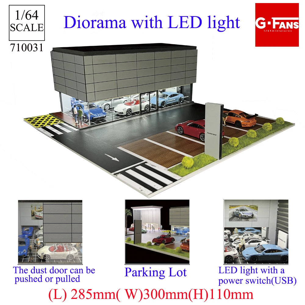 Gfans Model 1:64 Garage Repair tools Lifting Js Racing RWB Porsche theme light version six-car dust storage display garage model