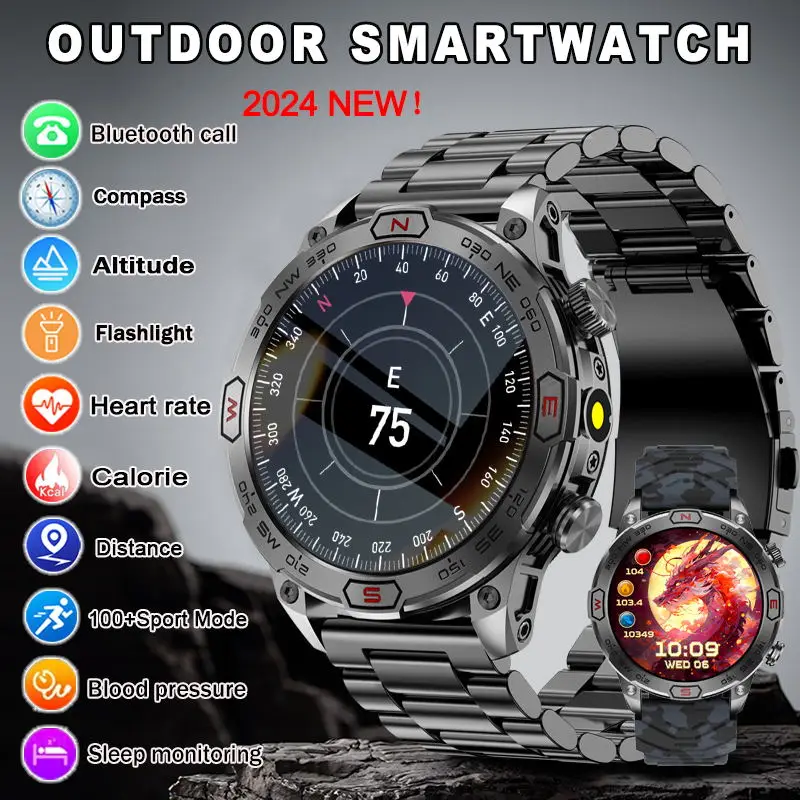 2024 Nieuwe Robuuste Militaire Slimme Horlogekompas Bluetooth Noemt Waterdichte Hartslag Amoled Hd-Scherm Outdoor Smartwatch Voor Xiaomi