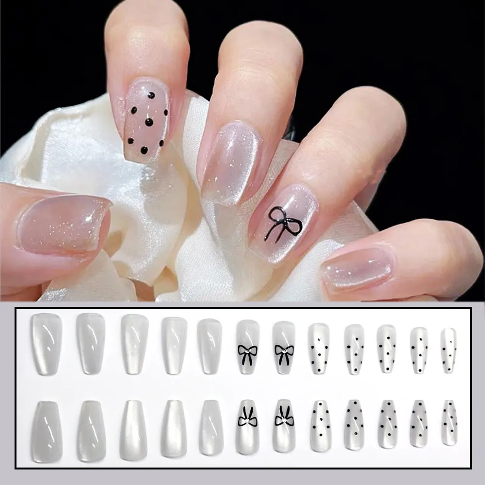 24pcs Cat Eye Medium Coffin Press On Nails Light Grey Bowtie False Nails Reusable Full Cover Fake Nail Tips with 24PC Glue Tapes