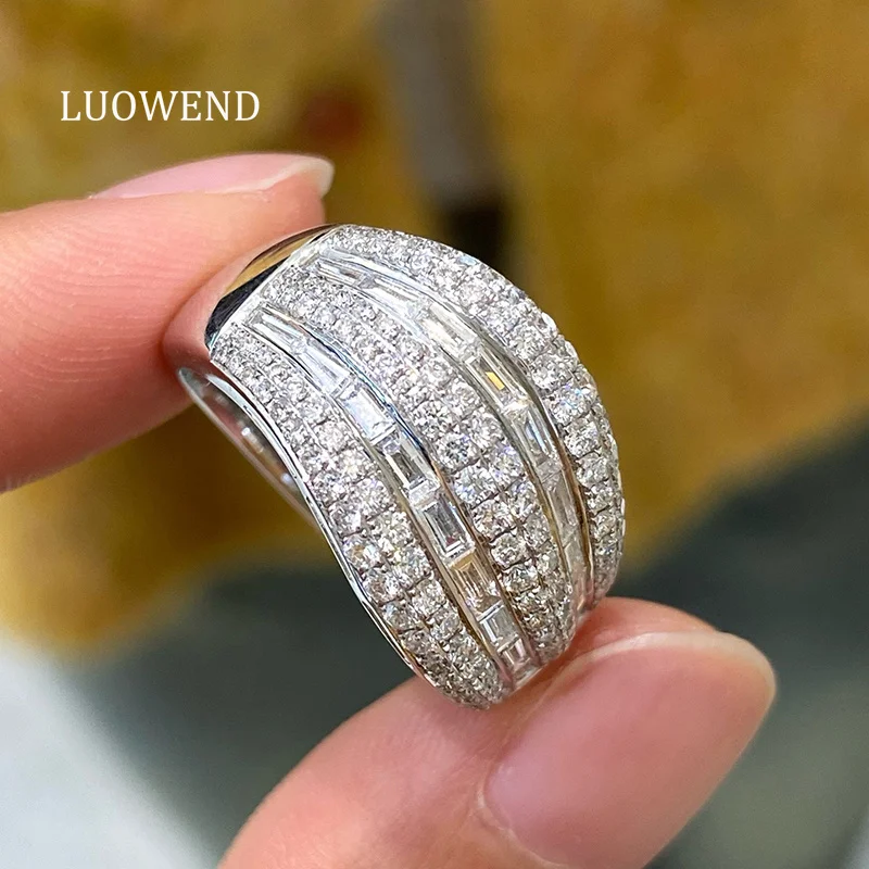 LUOWEND 100% 18K White Gold Rings Luxury Fashion Style Real Natural Diamond Cocktail Ring for Women Wedding High Party Jewelry