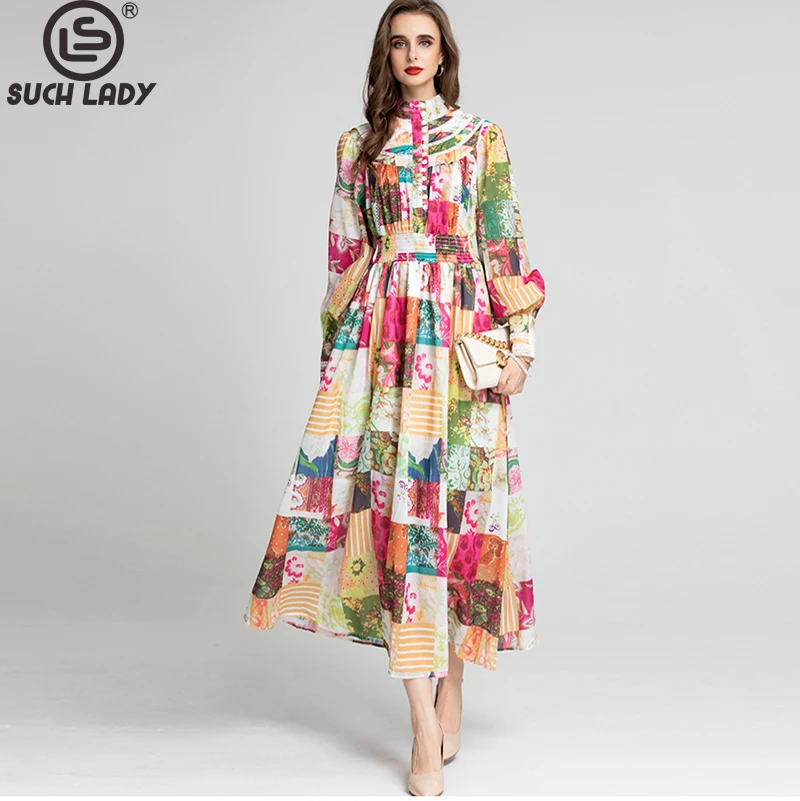 

Women's Runway Dress Stand Collar Long Sleeves Printed Elastic Waist Elegant High Street Fashion Vestidos