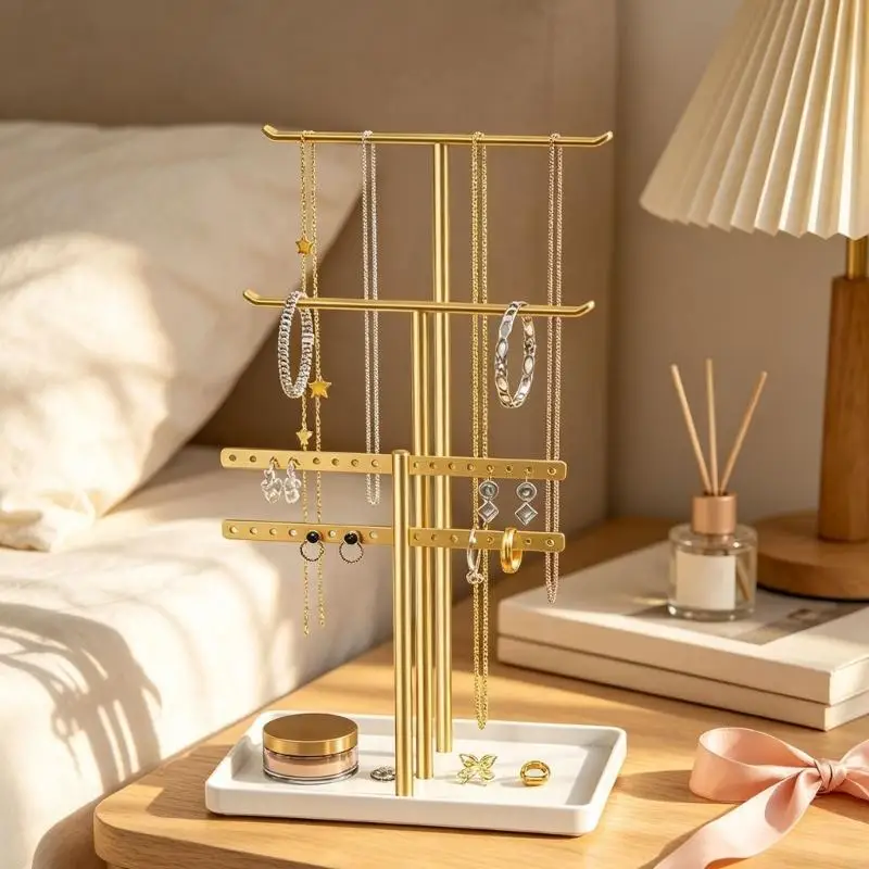 195C Jewelry Display Stand with 4-Level Metal Storage, 2 Hanging Bars, Earring Holder Rows and Tray Base for Dresser Top Vanity